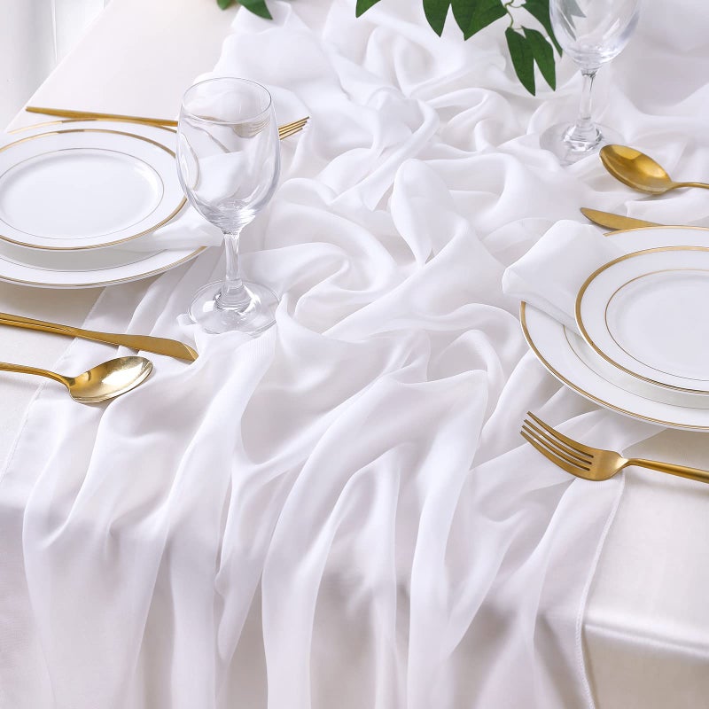 QueenDream 10Ft 1 Piece White Chiffon Table Runner 27x120 Inches Sheer Chiffon Fabric Bridal Party Romantic Wedding Reception Christmas Decorations - Image 3